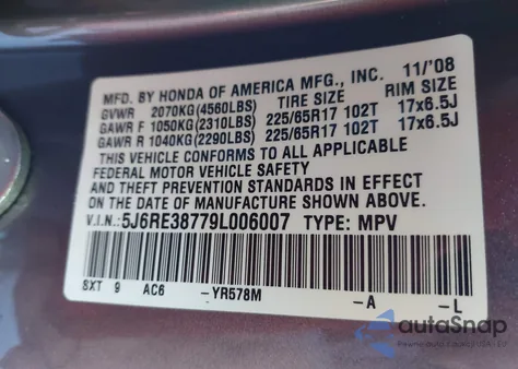 2009 Honda Cr-V Ex-L z USA, uszkodzony, nr VIN 5J6RE38779L006007